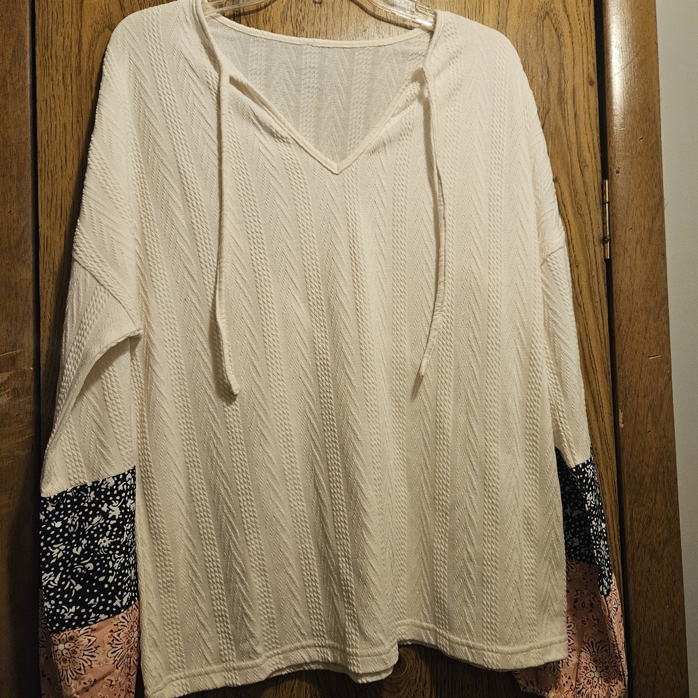 Cream Knit Sweater with Patterned Sleeves